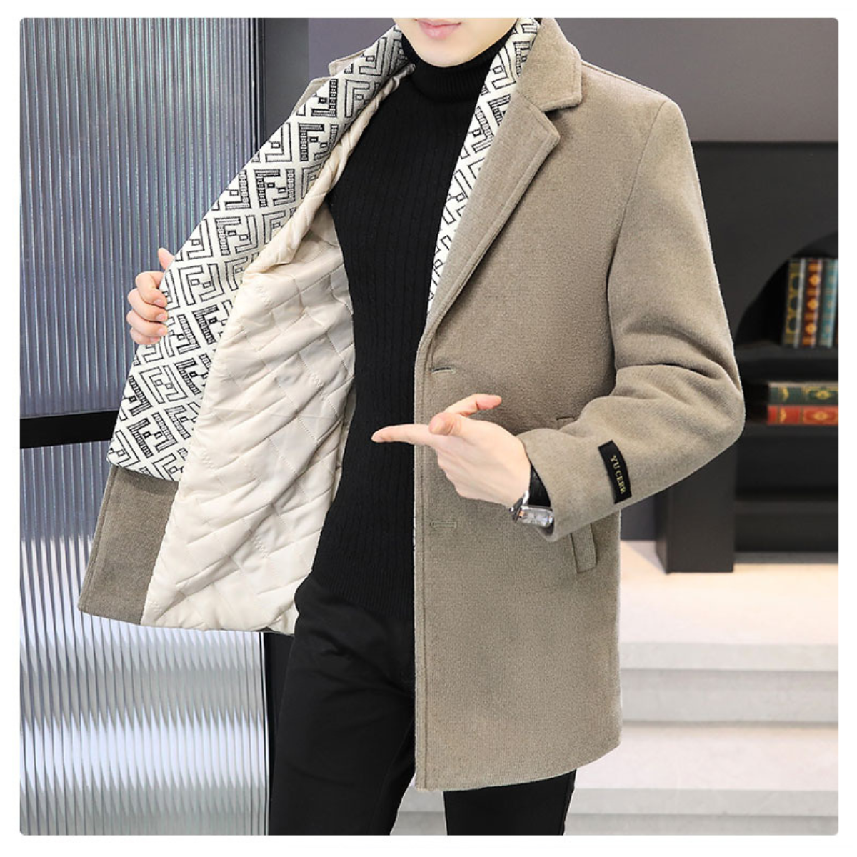 Heren winterjas van tweed met inkeping revers en witte eendendons voering