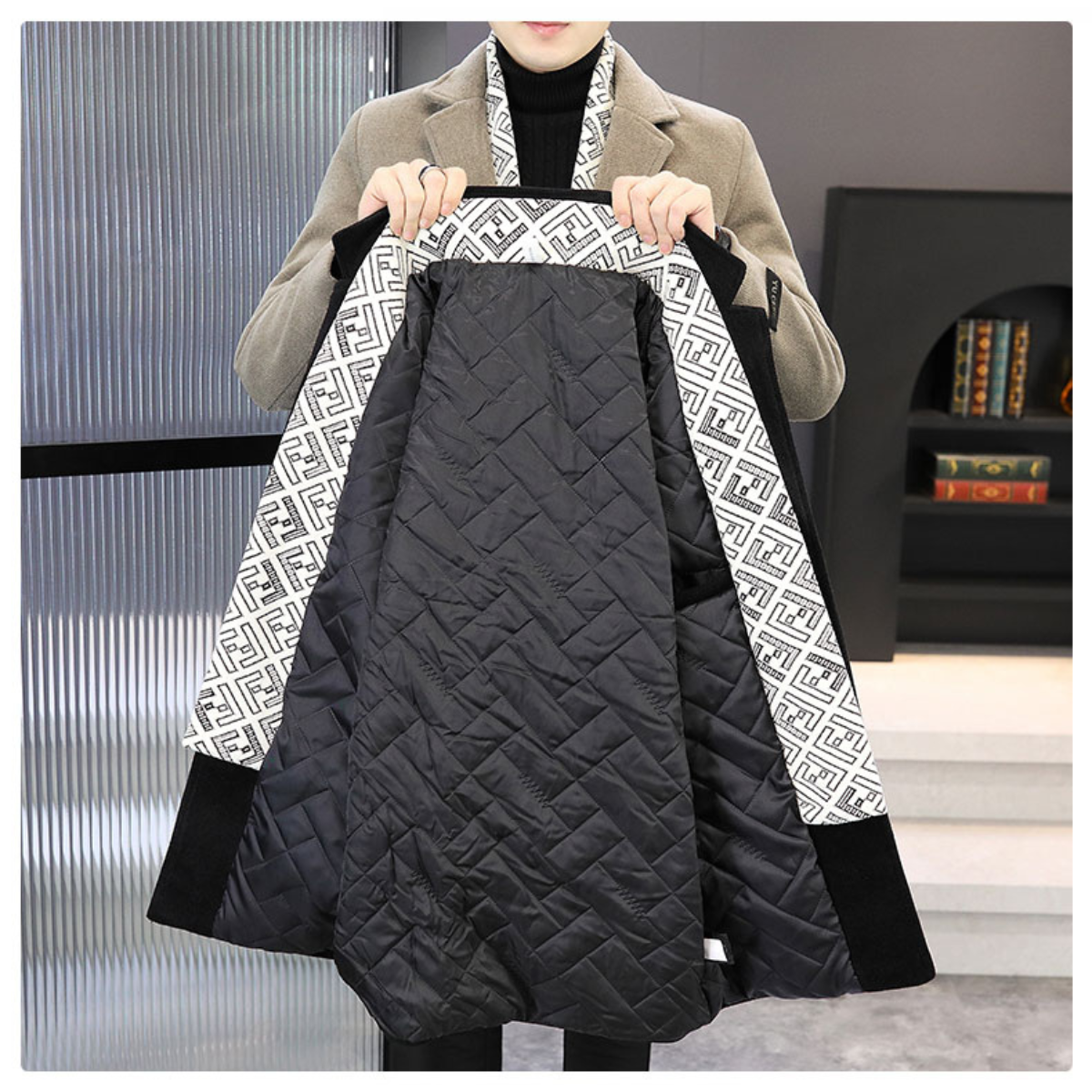 Heren winterjas van tweed met inkeping revers en witte eendendons voering
