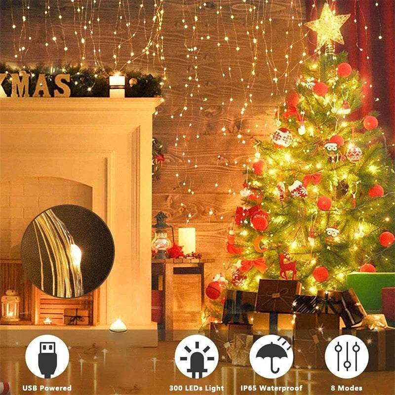 3M LED-gordijn Lichtslingers Fee Decoratie USB Vakantie Garland Lamp 8 Modus Voor Huis Tuin Kerstfeest Nieuwjaar Bruiloft